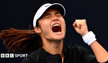 Emma Raducanu celebrates after beating Camila Osorio in Hobart