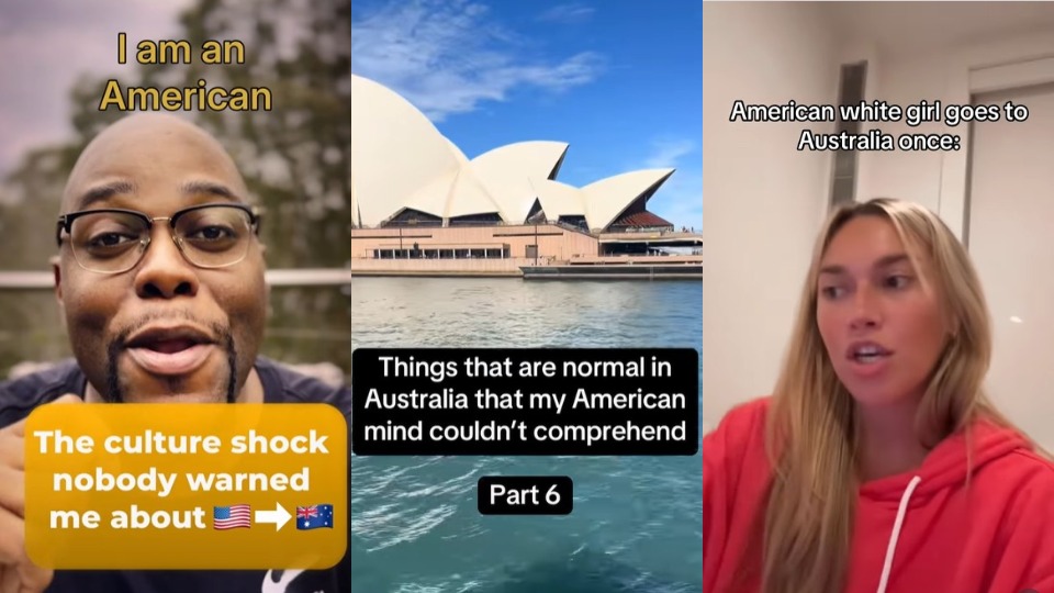 Three screenshots side by side of instagram posts by Americans about being in Australia, with text graphics overlayed