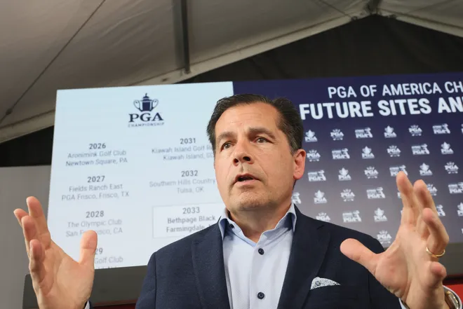 FARMINGDALE, NEW YORK - SEPTEMBER 17: Derek Sprague, PGA of America CEO speaks with the media following a press conference beside the Black Course at Bethpage State Park Golf Course on September 17, 2025 in Farmingdale, New York. The 2028 KPMG Women's PGA and 2033 PGA Championship tournaments will be played on the course. (Photo by Bruce Bennett/Getty Images)