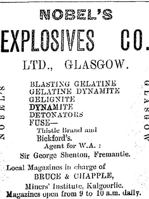 An 1896 advertisement in the Kalgoorlie Miner Newspaper for Nobel's Explosives. 