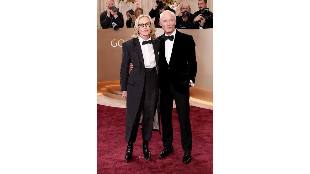 BEVERLY HILLS, CALIFORNIA - JANUARY 11: (FOR EDITORIAL USE ONLY) (L-R) Amy Madigan and Ed Harris attend the 83rd Annual Golden Globe Awards at The Beverly Hilton on January 11, 2026 in Beverly Hills, California. (Photo by Monica Schipper/Getty Images)