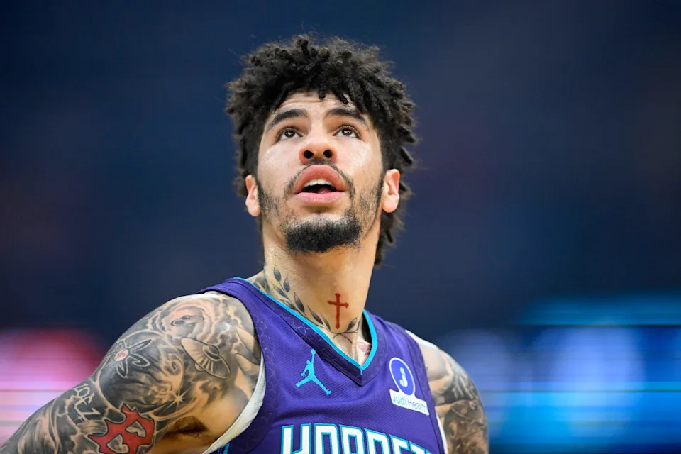 Dec 22, 2025; Cleveland, Ohio, USA; Charlotte Hornets guard Lamelo Ball (1) stands on the court in the first quarter against the Cleveland Cavaliers at Rocket Arena. Mandatory Credit: David Richard-Imagn Images