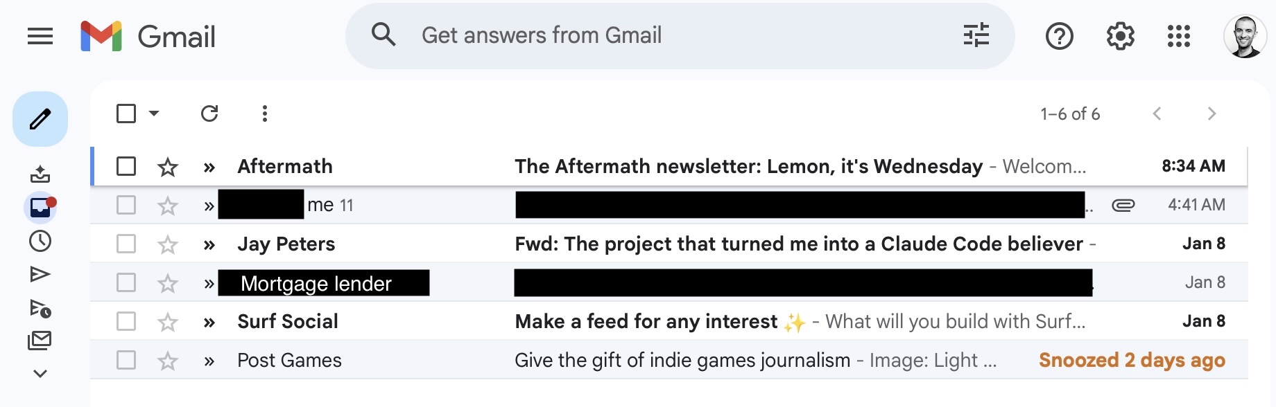 A screenshot of Jay Peters’ Gmail inbox.