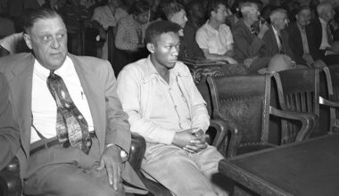 In this photo provided by the Dallas History & Archives Division, Dallas Public Library, Tommy Lee Walker, a Black man from Texas, attends his March 1954 trial in Dallas for the rape and murder of Venice Parker, a white woman. (Dallas History & Archives Division, Dallas Public Library via AP)