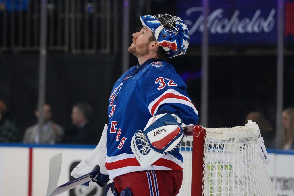 New York Rangers goaltender Jonathan Quick (32) reacts after Ottawa Senators' Nick Jensen scored a goal during the first period of an NHL hockey game Wednesday, Jan. 14, 2026, in New York. 