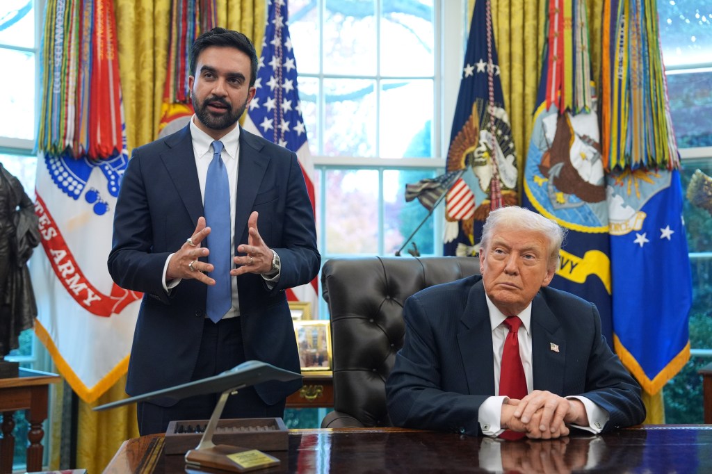 President Donald Trump listens as New York City Mayor-elect Zohran Mamdani speaks in the Oval Office of the White House, Friday, Nov. 21, 2025, in Washington.