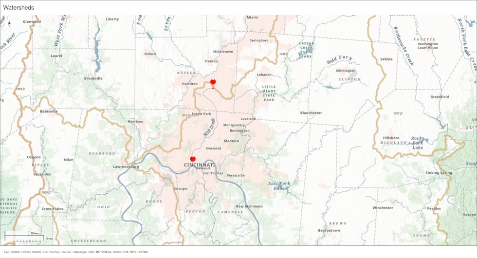 Mill Creek starts in Liberty Township and flows down to Cincinnati and into the Ohio River....