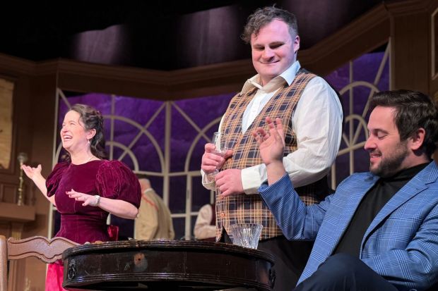 Amanda Pasquini as Vera Claythorne, Vince Fox as Anthony Marston and Mike Sokolowski as Philip Lombard, right, rehearsing a scene from "And Then There Were None" at PCS Theater, running Feb. through 14. (COURTESY OF PCS THEATER)