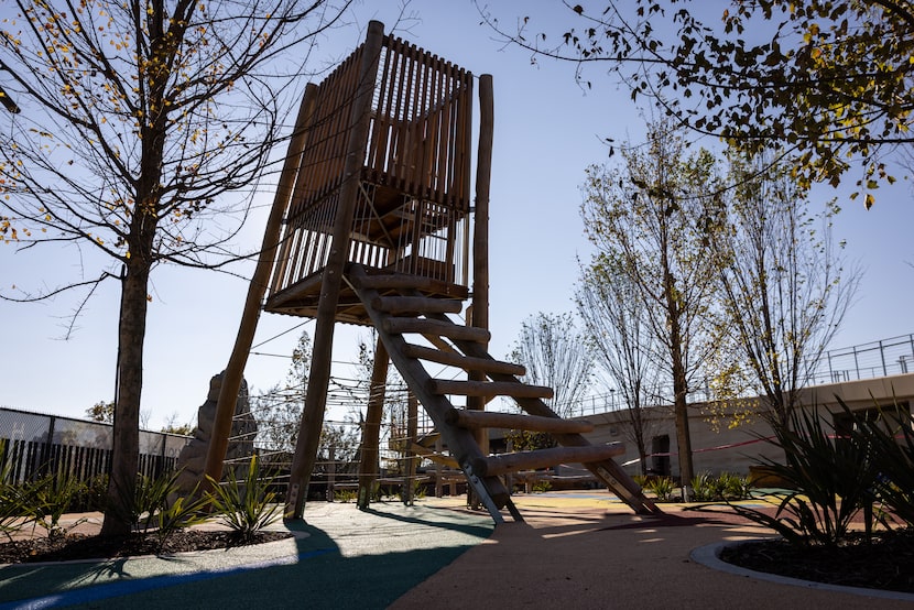 Halperin Park’s playground, designed to look like a treehouse as a tribute to Oak Cliff’s...
