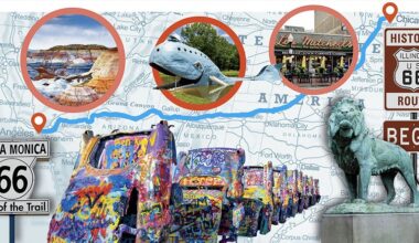 A photo illustration of landmarks on the historic Route 66, overlaid on a U.S. road map