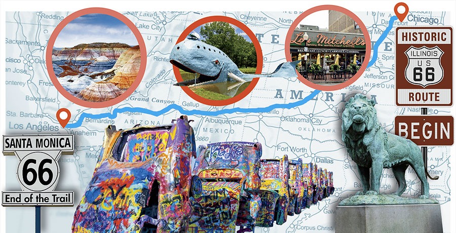 A photo illustration of landmarks on the historic Route 66, overlaid on a U.S. road map