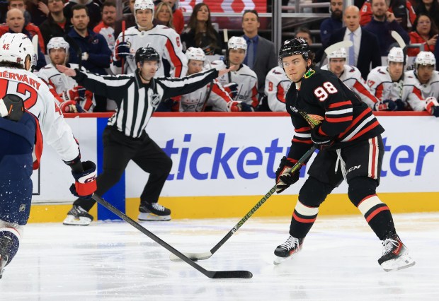Blackhawks center Connor Bedard (98) looks to pass in the first period against the Capitals at the United Center on Jan. 9, 2026, in Chicago. (John J. Kim/Chicago Tribune)