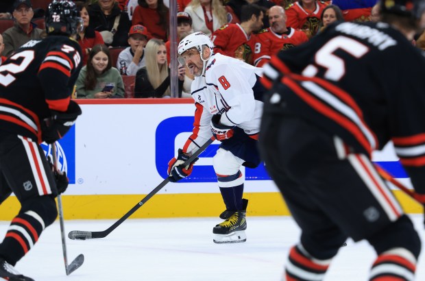 Capitals left wing Alex Ovechkin (8) looks to pass in the second period against the Blackhawks at the United Center on Jan. 9, 2026, in Chicago. (John J. Kim/Chicago Tribune)