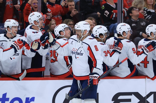Capitals left wing Alex Ovechkin (8) celebrates after scoring a goal on the Blackhawks in the third period at the United Center on Jan. 9, 2026, in Chicago. (John J. Kim/Chicago Tribune)