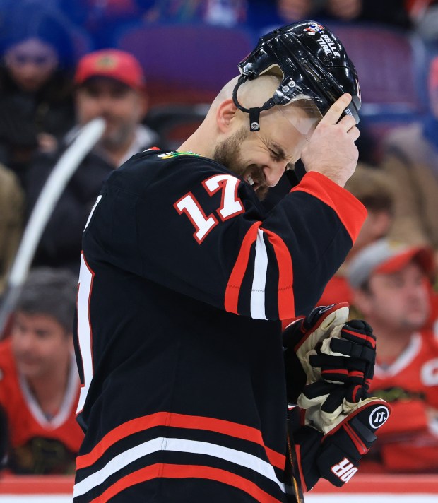 Blackhawks left wing Nick Foligno heads to the bench after a scuffle in the third period against the Capitals at the United Center on Jan. 9, 2026, in Chicago. (John J. Kim/Chicago Tribune)