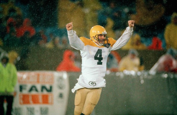 Green Bay Packers quarterback Brett Favre celebrates after scoring a touchdown against the Chicago Bears on a 36-yard run in the second quarter in Chicago on Oct. 31, 1994. (Fred Jewell/AP)