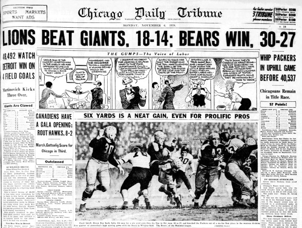 The Chicago Bears beat the Green Bay Packers 30-27 in a thrilling game on Nov. 5, 1939, at Wrigley Field. "It was not the largest score ever run up in the National League. Nor was it the largest crowd ever attracted to a professional game in Chicago," the Tribune's George Strickler wrote. "But in the memory of the oldest observers there is no equal for the sensational display of offensive football produced by this 42d meeting between these bitter rivals. (Chicago Tribune)