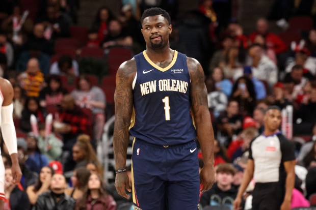 Pelicans forward Zion Williamson (1) walks the court during a pause in a game against the Bulls in the first half at the United Center on Wednesday, Dec. 31, 2025. (Terrence Antonio James/Chicago Tribune)