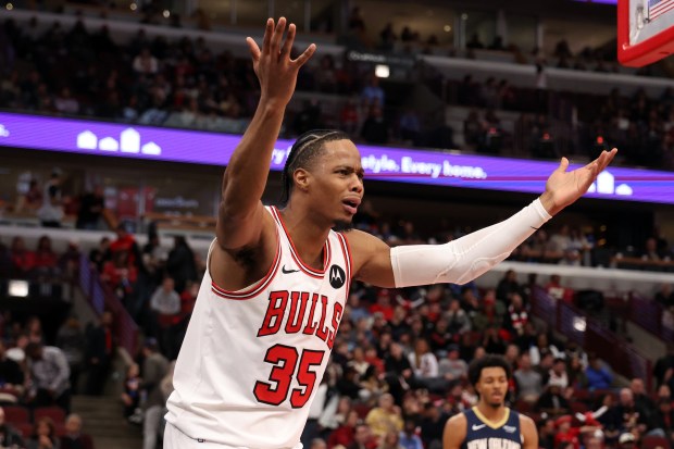 Bulls forward/guard Isaac Okoro (35) can't believe a call in the second half of a game against the Pelicans at the United Center on Wednesday, Dec. 31, 2025. The Bulls won 134 - 118. (Terrence Antonio James/Chicago Tribune)