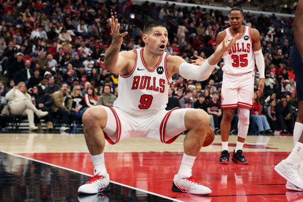 Bulls center Nikola Vučević (9) can't believe a foul call in the second half of a game against the Pelicans at the United Center on Wednesday, Dec. 31, 2025. The Bulls won 134 - 118. (Terrence Antonio James/Chicago Tribune)