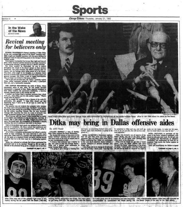 Mike Ditka, who played for the Chicago Bears for six years, returned to be the team's 10th head coach on Jan. 20, 1982. (Chicago Tribune)