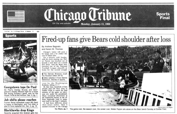 The Chicago Bears lost unexpectedly to the Washington Redskins on Jan. 10, 1988, at Soldier Field. It was the second consecutive year the Bears were knocked out of the playoffs by the Redskins, and also was Bears running back Walter Payton's final NFL game. (Chicago Tribune)