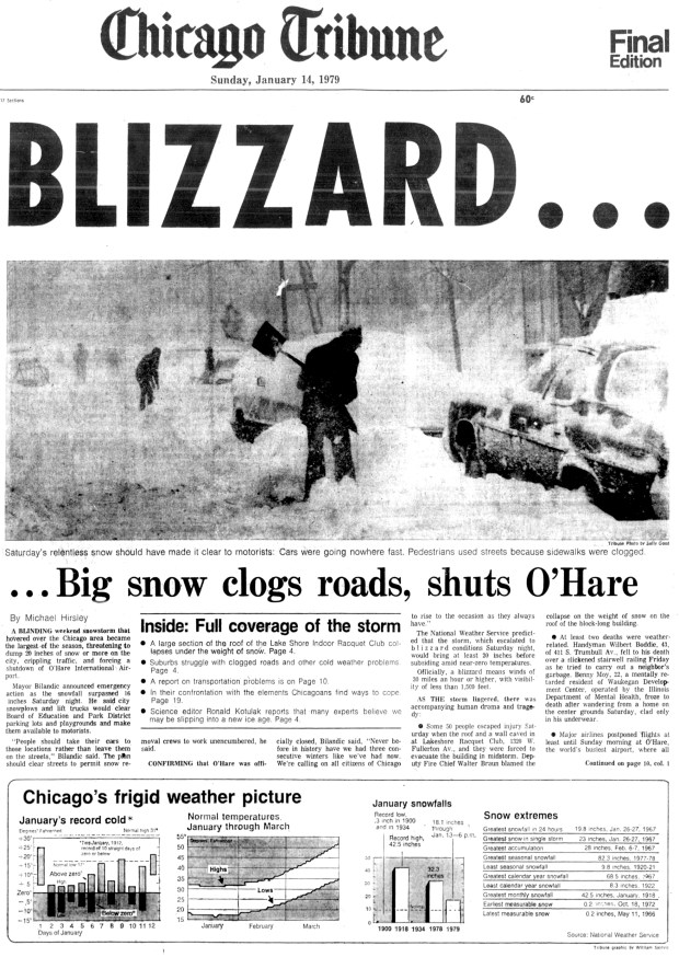 The storm of Jan. 12-14, 1979 dropped more than 20 inches of snow on the city. This was the worst storm of a winter in which almost 90 inches of snow the all-time season record fell on the city and was also remembered as the second-coldest in Chicago's recorded history. (Chicago Tribune)