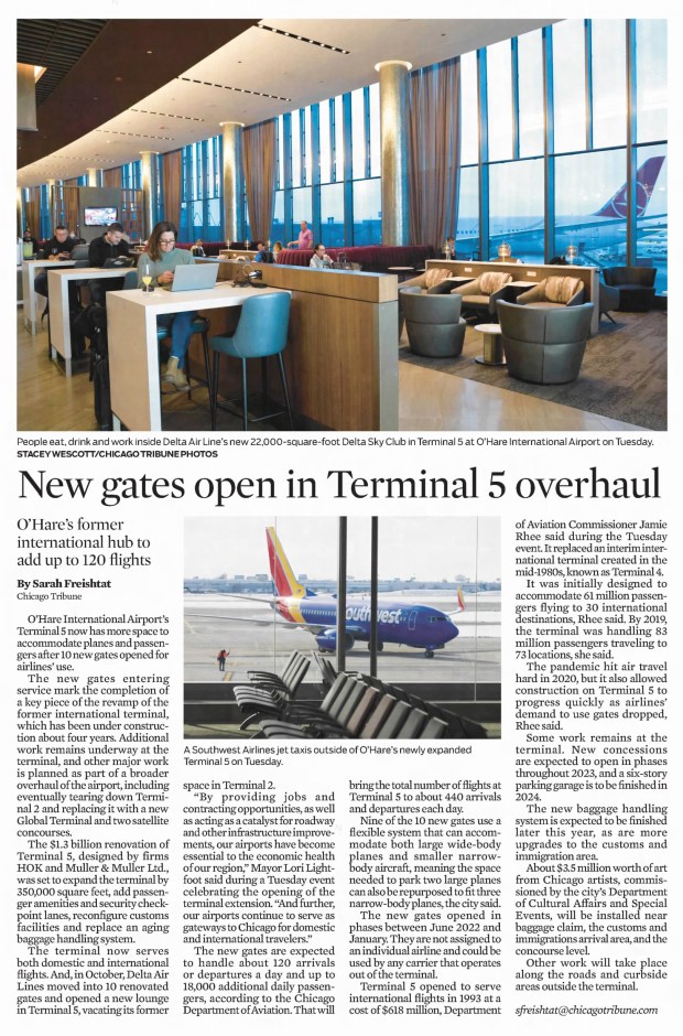 A renovated Terminal 5 that included 10 new gates and an additional 350,000 square feet was unveiled at Chicago's O'Hare International Airport in early 2023. (Chicago Tribune)