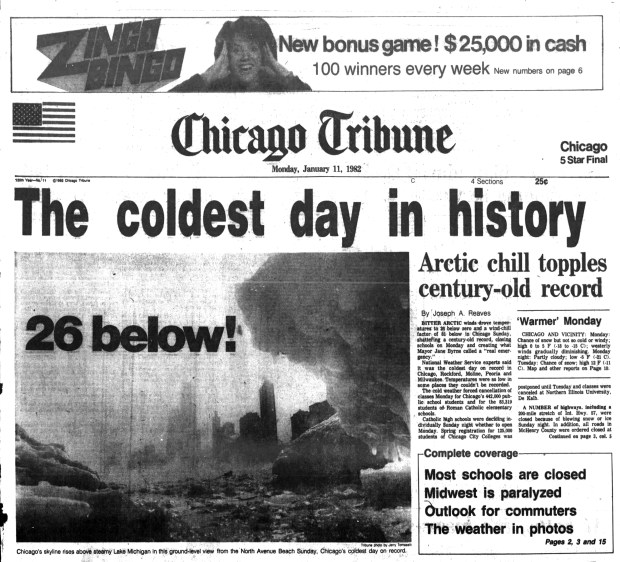 At minus 26 degrees, Jan. 10, 1982 was the coldest day in Chicago history until minus 27 degrees was recorded on Jan. 20, 1985. (Chicago Tribune)