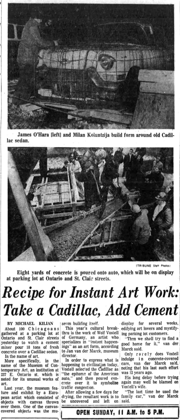 German artist Wolf Vostell attracted a small crowd on Jan. 16, 1970, in Chicago when he encased a Cadillac sedan in 18 tons of concrete at Ontario and St. Clair streets. (Chicago Tribune)