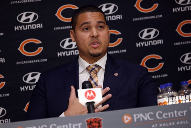 New Chicago Bears general manager Ryan Poles speaks after being introduced on Jan. 31, 2022 at Halas Hall in Lake Forest. (Brian Cassella/Chicago Tribune)