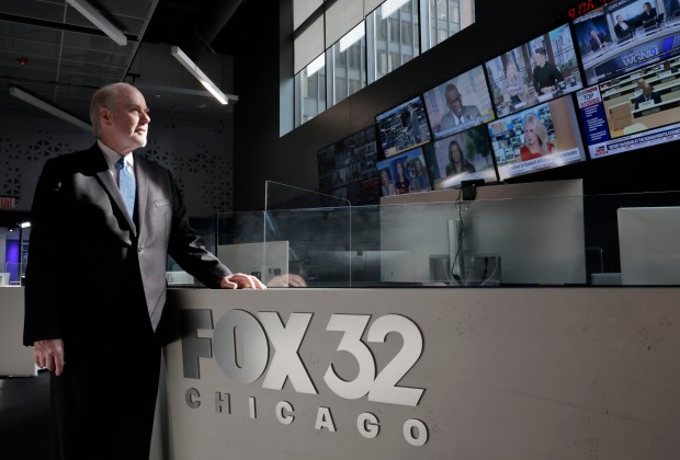Newsman Mike Flannery of WFLD-TV (Ch. 32) at the FOX studio newsroom in Chicago on June 19, 2023. (Antonio Perez/Chicago Tribune)