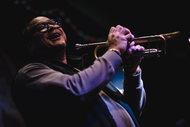 Marques Carroll performs on stage with the Chi-Town Trumpet Summit at Andy's Jazz Club on Jan. 20 2026. (E. Jason Wambsgans/Chicago Tribune)