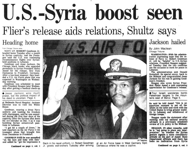 President Ronald Reagan said the release of Navy Lt. Robert Goodman Jr. on Jan. 3, 1984, would be "helpful" for U.S.-Syria relations and could unite the countries in working toward peace in Lebanon. (Chicago Tribune)