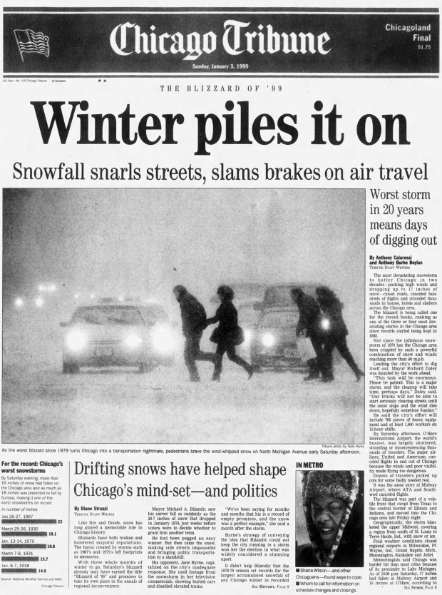 Snow began falling on Jan. 2, 1999, and didn't stop for two days. Almost 22 inches of snow fell, making it the largest snowstorm in almost two decades and the second-largest snowfall in Chicago history. (Chicago Tribune)