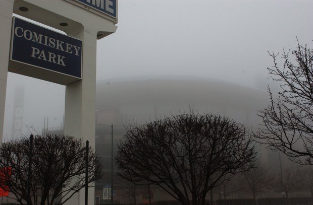 Comiskey Park was shrouded in fog on Jan. 31, 2003. Chicago White Sox Chairman Jerry Reinsdorf and U.S. Cellular President and CEO John Rooney held a press conference that day to discuss the naming rights agreement that replaced Comiskey Park with U.S. Cellular Field. (José Moré/Chicago Tribune)