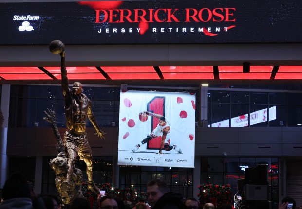 The atrium at the United Center in Chicago is seen decorated in honor of Derrick Rose prior to his #1 jersey being retired by the Chicago Bulls in a ceremony scheduled for after a game between the Bulls and the Boston Celtics on Jan. 24, 2026. (Chris Sweda/Chicago Tribune)
