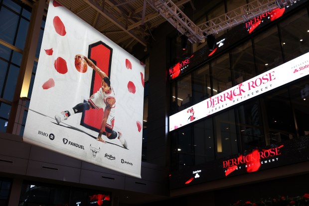 The atrium at the United Center in Chicago is seen decorated in honor of Derrick Rose prior to his #1 jersey being retired by the Chicago Bulls in a ceremony scheduled for after a game between the Bulls and the Boston Celtics on Jan. 24, 2026. (Chris Sweda/Chicago Tribune)