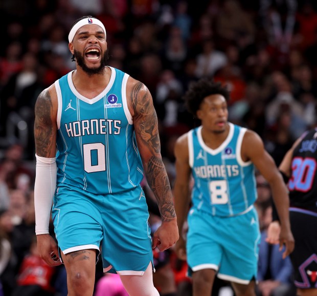 Charlotte Hornets forward Miles Bridges (0) celebrates after hitting a 3-pointer in the second half of a game against the Chicago Bulls at the United Center in Chicago on Jan. 3, 2026. (Chris Sweda/Chicago Tribune)