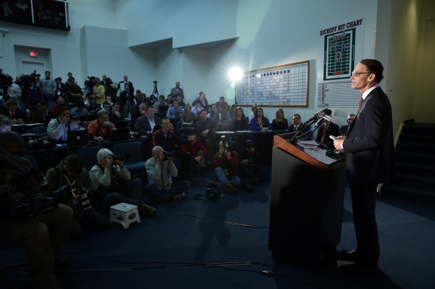 New Chicago Bears coach Marc Trestman addresses reporters at Halas Hall in Lake Forest on Jan. 17, 2013. (John J. Kim/Chicago Tribune)