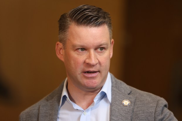 Ald. Bill Conway, 34th, speaks with the media before a Chicago City Council committee hearing, April 30, 2025. (Antonio Perez/Chicago Tribune)