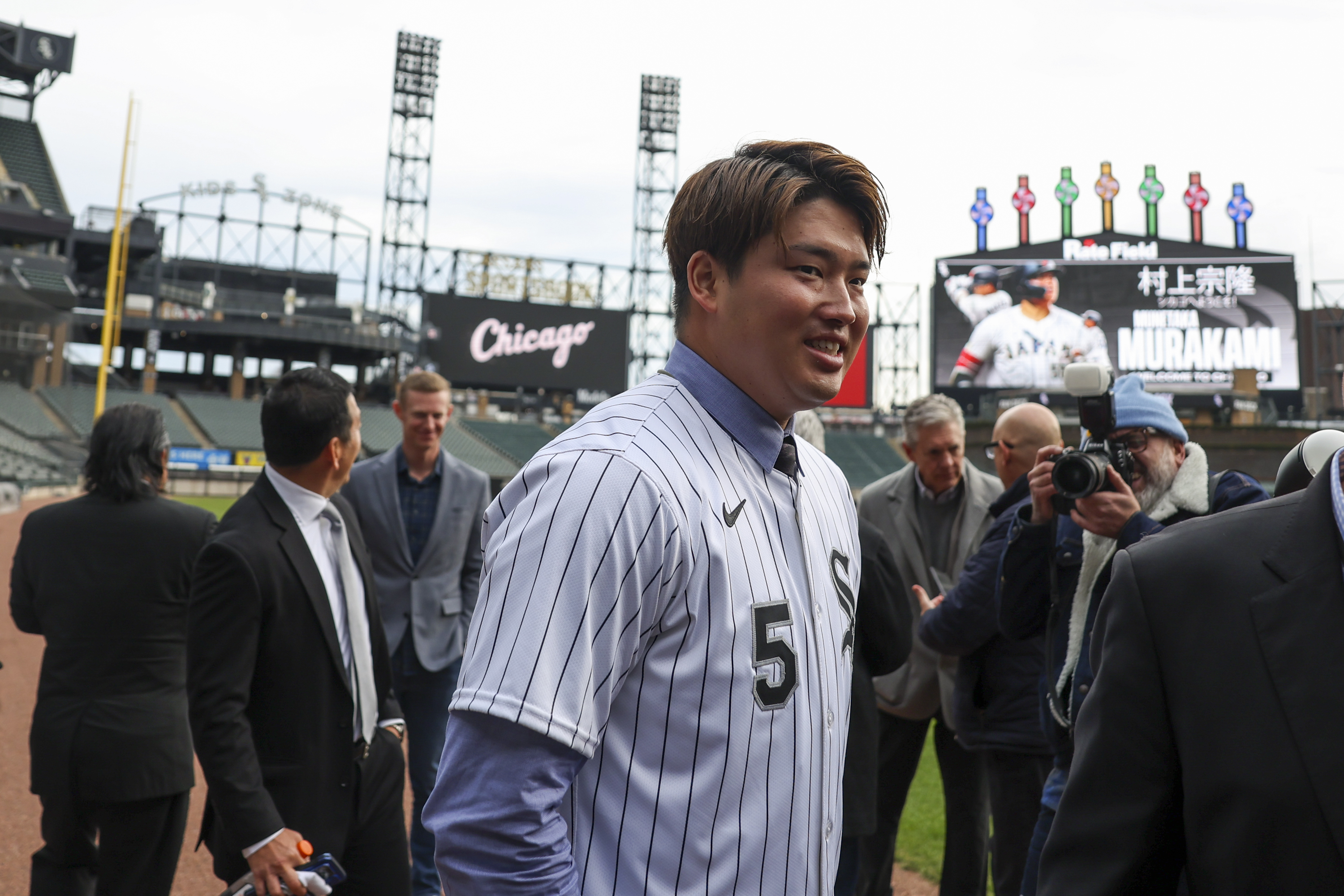 New Chicago White Sox player Munetaka Murakami stands on the...
