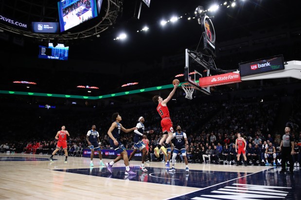 Bulls guard Josh Giddey goes for a layup during the first half against the Timberwolves on Jan. 22, 2026, in Minneapolis. (Tyler Clouse/Getty Images)