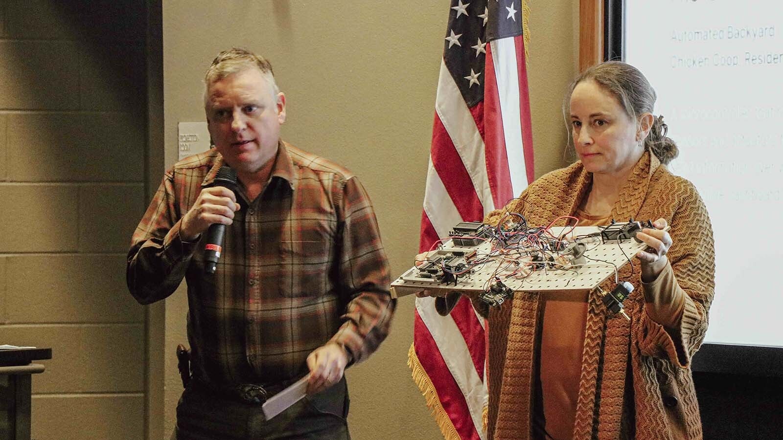 Jenny and Dan Berens presents during a Nov. 11 pitch session, promoting the Hen Hub technology with husband Dan. The Sheridan couple’s device aspires to automate the care and feeding of backyard chickens.
