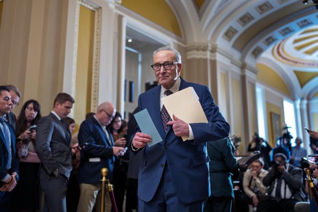 Senate Minority Leader Chuck Schumer, D-N.Y., waits to speak to reporters following a closed-door meeting with fellow Democrats at the Capitol in Washington, Wednesday, Jan. 28, 2026. (J. Scott Applewhite/AP Photo)