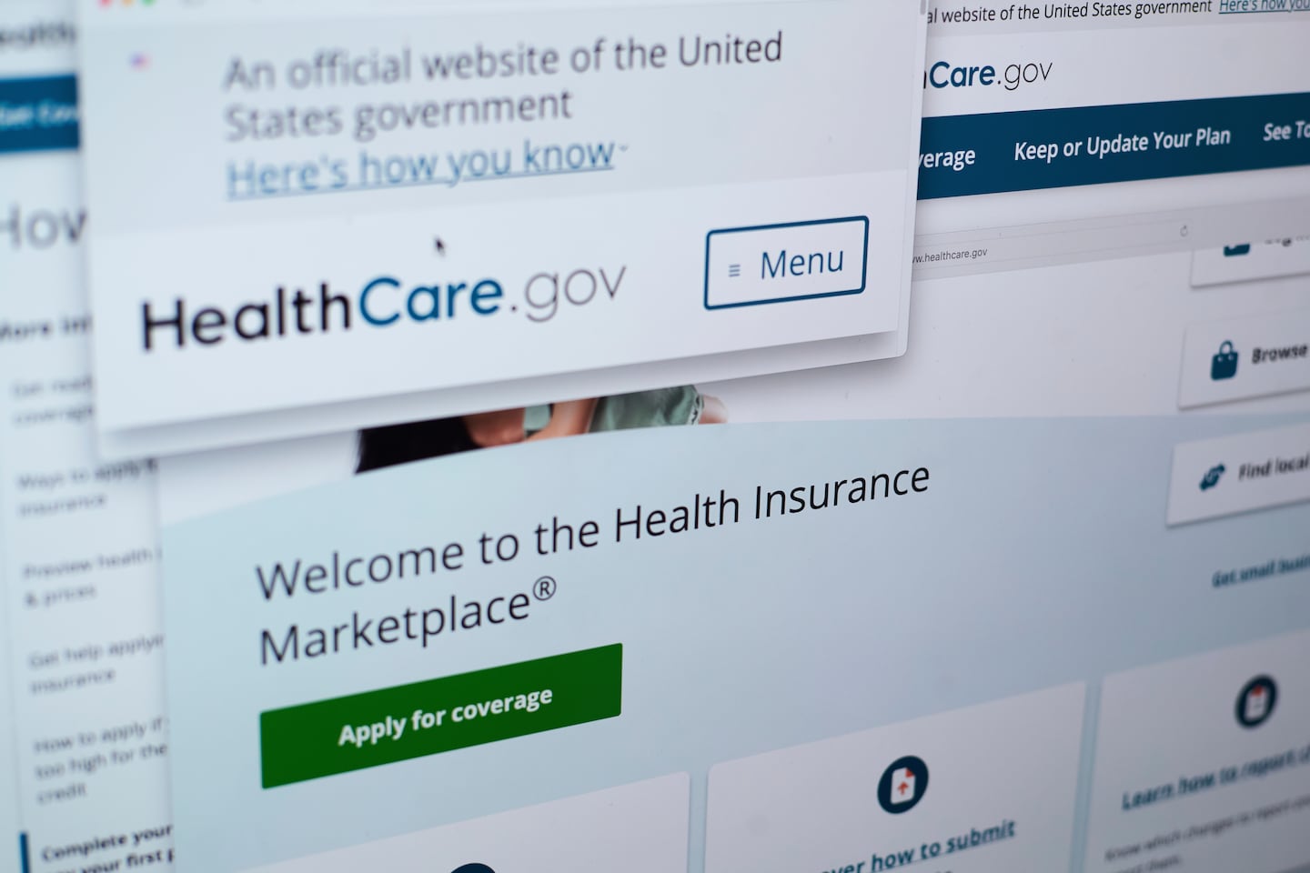 Pages from the US Affordable Care Act health insurance website healthcare.gov.