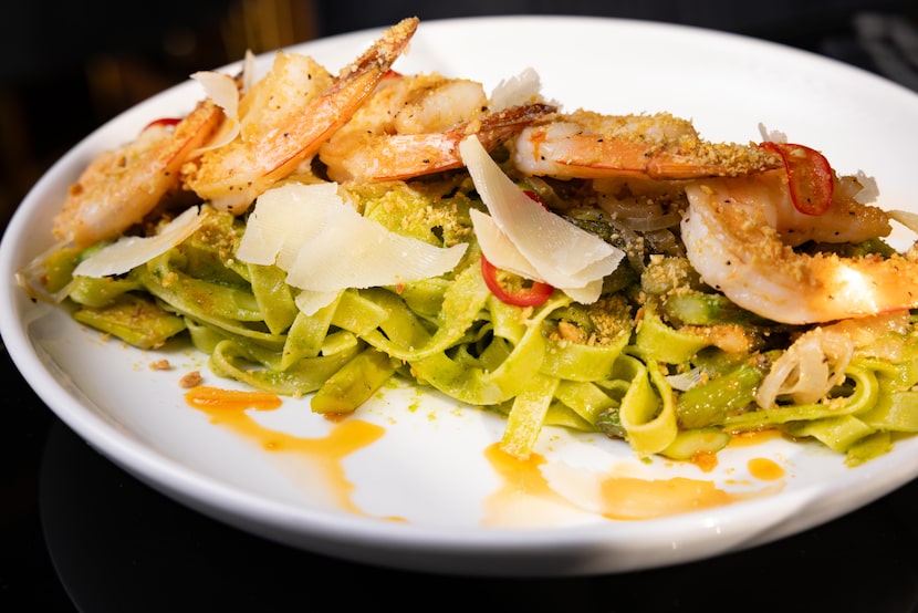 Tagliatelle Verde at The Gibson in Dallas has basil-almond pesto and a spicy chili oil drizzle.