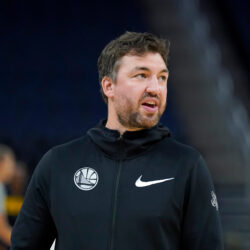 FILE - Golden State Warriors assistant coach Chris DeMarco stands before an NBA preseason basketball game against the Denver Nuggets in San Francisco, Oct. 14, 2022. (AP Photo/Jeff Chiu, File)