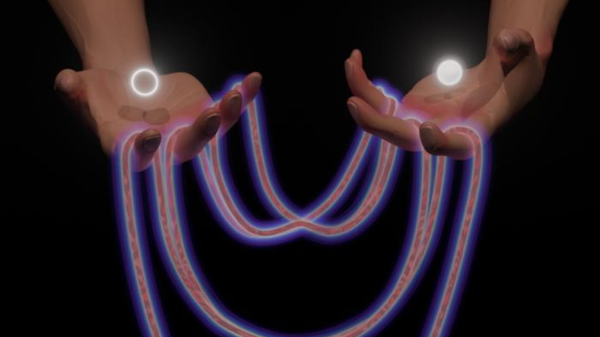 A 3D rendering of a pair of hands holding glowing bands of energy like a cat’s cradle. One of the bands fold inwards, reminiscent of the Mexican-hat-like momentum dispersion indicative of Floquet effects. The glowing orbs above the hands, one dark and the other light, represent the electron and hole that together form an exciton.