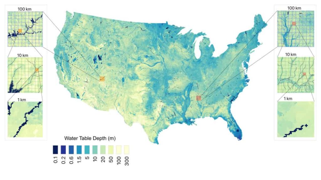 Water table depth map of the USA showing groundwater levels with color-coded depth ranges.
